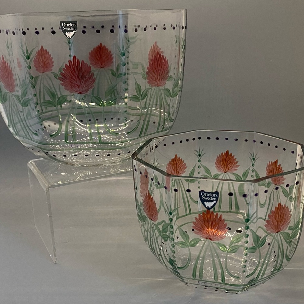 Orrefors Kostaboda Glass bowls (2) with Red and Green Floral Design